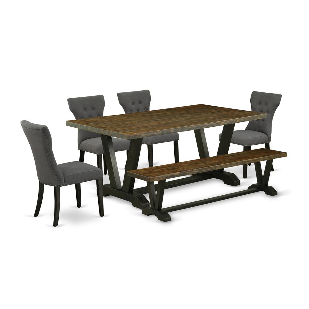 East West Furniture 6-Piece Modern Dining Table Set-Dark Gotham Grey Linen Fabric Seat and Button Tufted Chair Back Upholstered Dining chairs, A Rectangular Bench and Rectangular Top Wood Dining Table. Picture 1