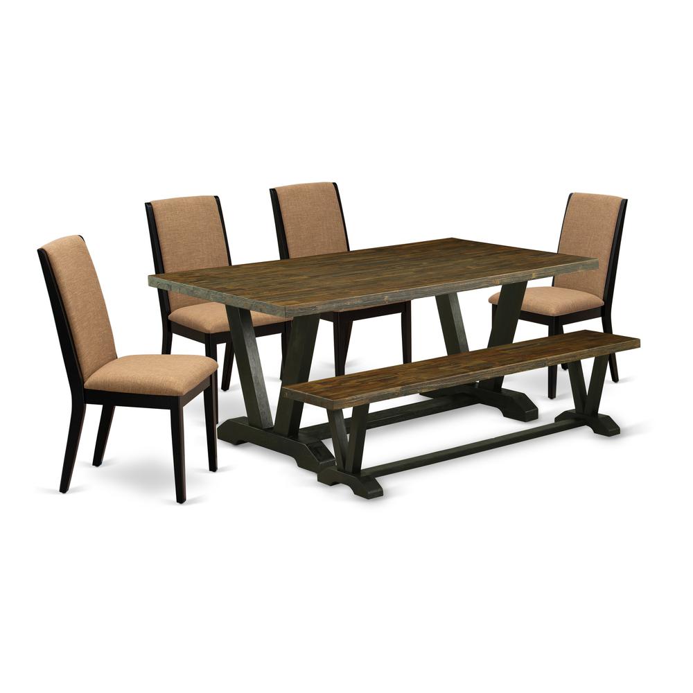 East West Furniture V677LA147-6 6-Piece Stylish Dining Room Table Set a Superb Distressed Jacobean dining table Top and Distressed Jacobean Indoor Bench and 4 Lovely Linen Fabric Padded Parson Chairs. Picture 1