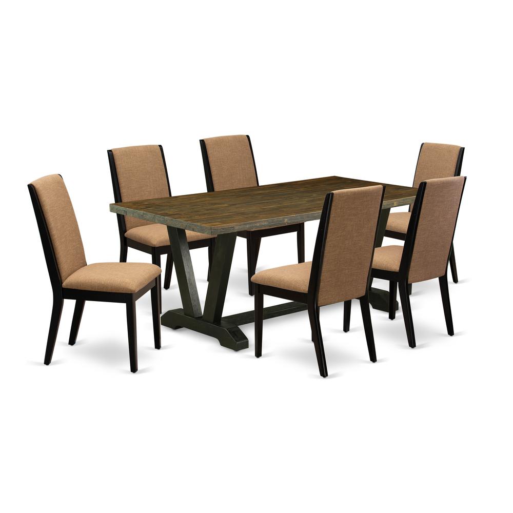 East West Furniture V677LA147-7 7-Piece Amazing Dining Room Table Set an Outstanding Distressed Jacobean dining table Top and 6 Gorgeous Linen Fabric Parson Dining Room Chairs with Stylish Chair Back,. Picture 1