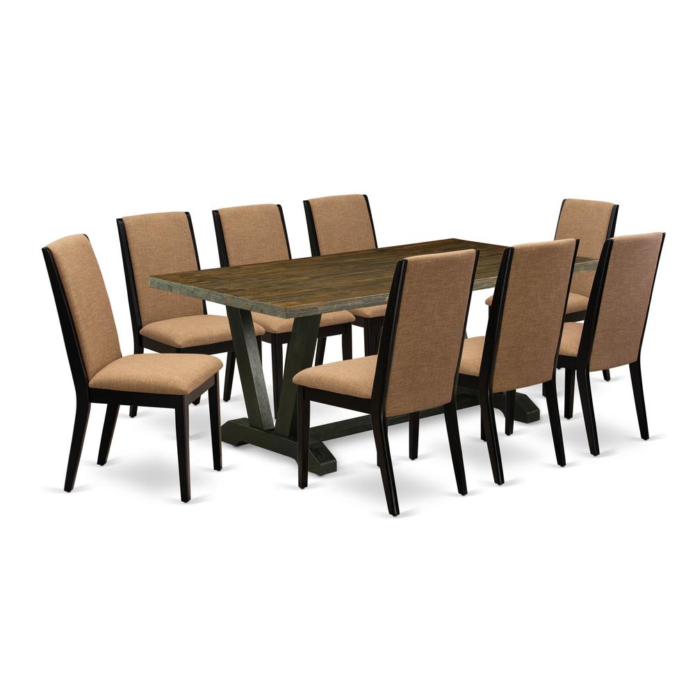 East West Furniture V677LA147-9 9-Piece Awesome Dinette Set a Superb Cement Color Kitchen Rectangular Table Top and 8 Amazing Linen Fabric Dining Chairs with Stylish Chair Back, Wire Brushed Black Fin. Picture 1