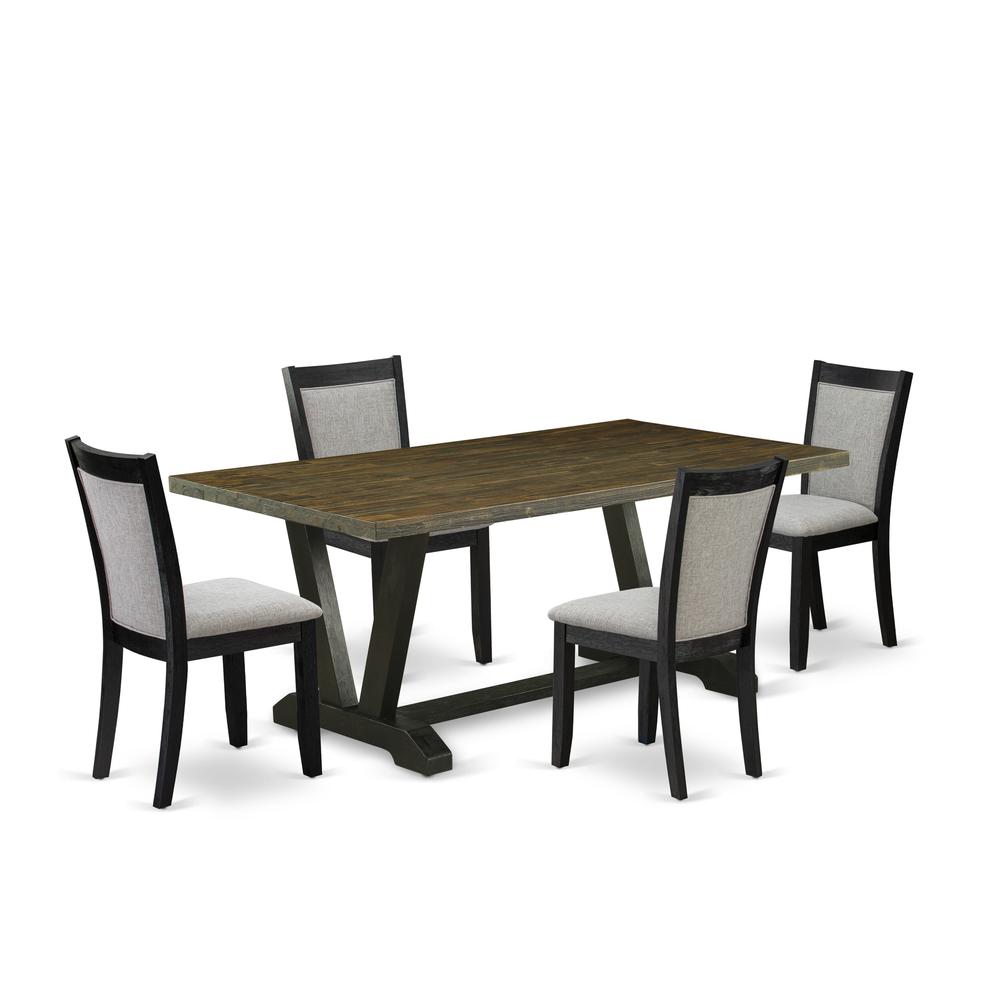 East West Furniture 5 Piece Kitchen Dining Table Set - A Distressed Jacobean Top Wood Table with Trestle Base and 4 Shitake Linen Fabric Modern Dining Chairs - Wire Brushed Black Finish. Picture 2