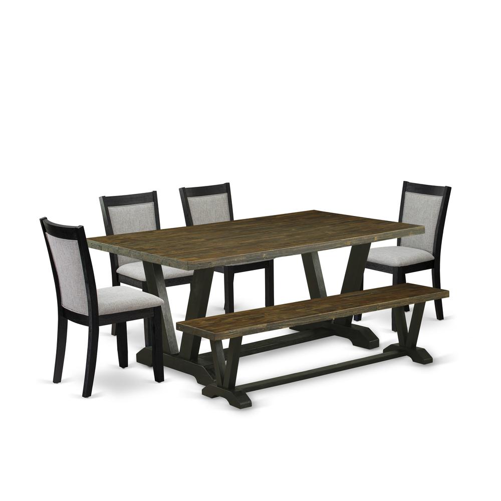 East West Furniture 6 Pc Dining Table Set - Distressed Jacobean Top Dinner Table with a Bench and 4 Shitake Linen Fabric Parson Chairs - Wire Brushed Black Finish. Picture 2