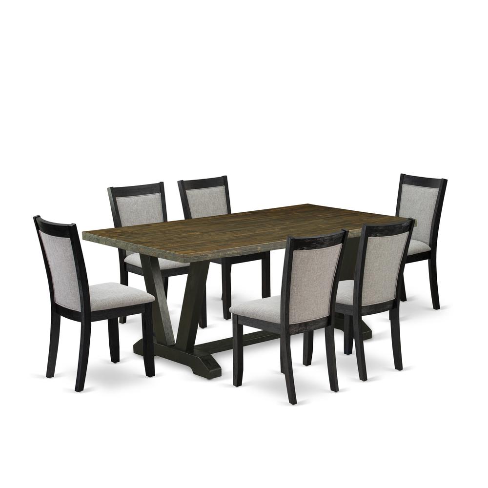 East West Furniture 7 Piece Mid Century Dining Set - Distressed Jacobean Top Dining Room Table with Trestle Base and 6 Shitake Linen Fabric Dining Chairs - Wire Brushed Black Finish. Picture 2