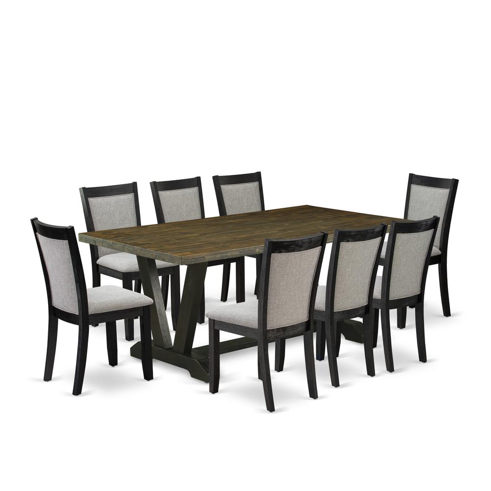 East West Furniture 9 Piece Kitchen Table Set - A Distressed Jacobean Top Wood Table with Trestle Base and 8 Shitake Linen Fabric Modern Dining Chairs - Wire Brushed Black Finish. Picture 2