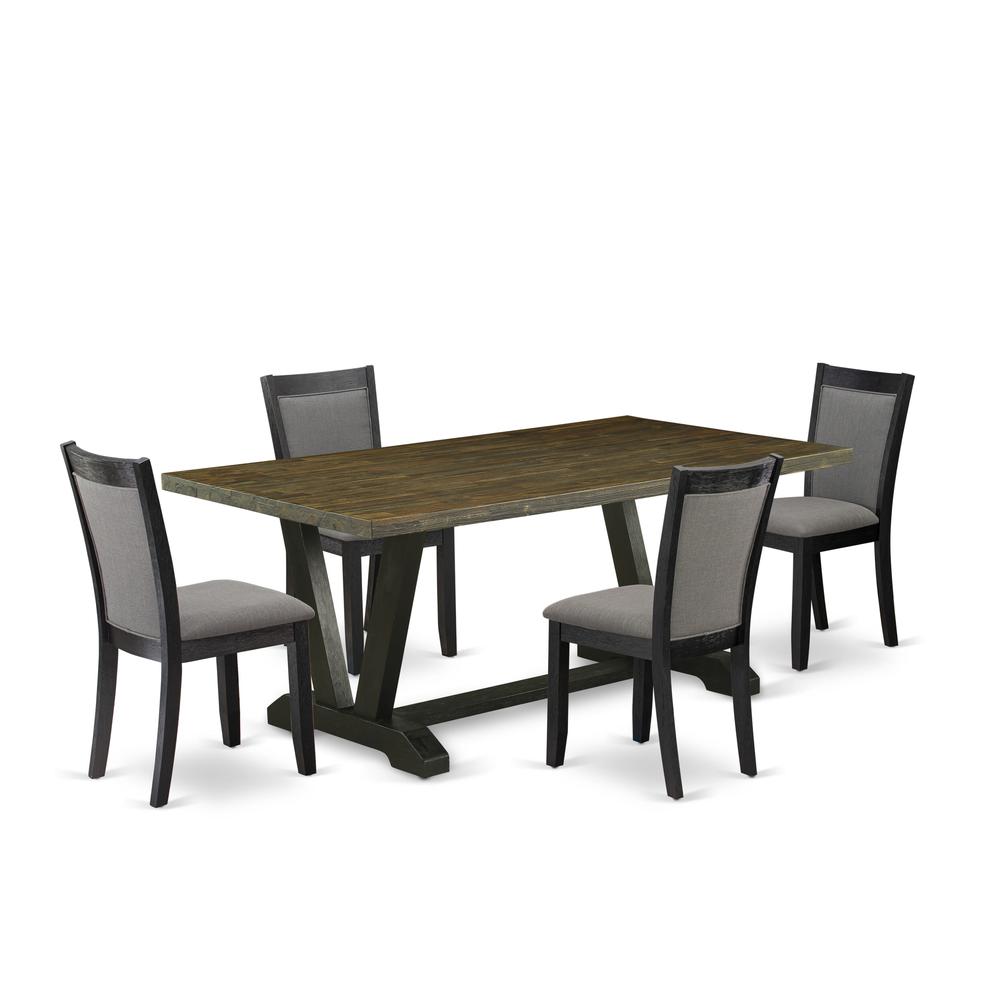 East West Furniture 5 Pc Dinner Table Set - Distressed Jacobean Top Dining Table with Trestle Base and 4 Dark Gotham Grey Linen Fabric Parson Chairs - Wire Brushed Black Finish. Picture 2