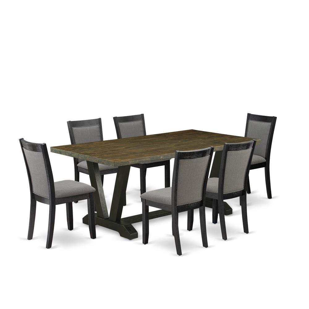East West Furniture 7 Pc Dining Table Set - Distressed Jacobean Top Dining Table with Trestle Base and 6 Dark Gotham Grey Linen Fabric Dining Chairs - Wire Brushed Black Finish. Picture 2