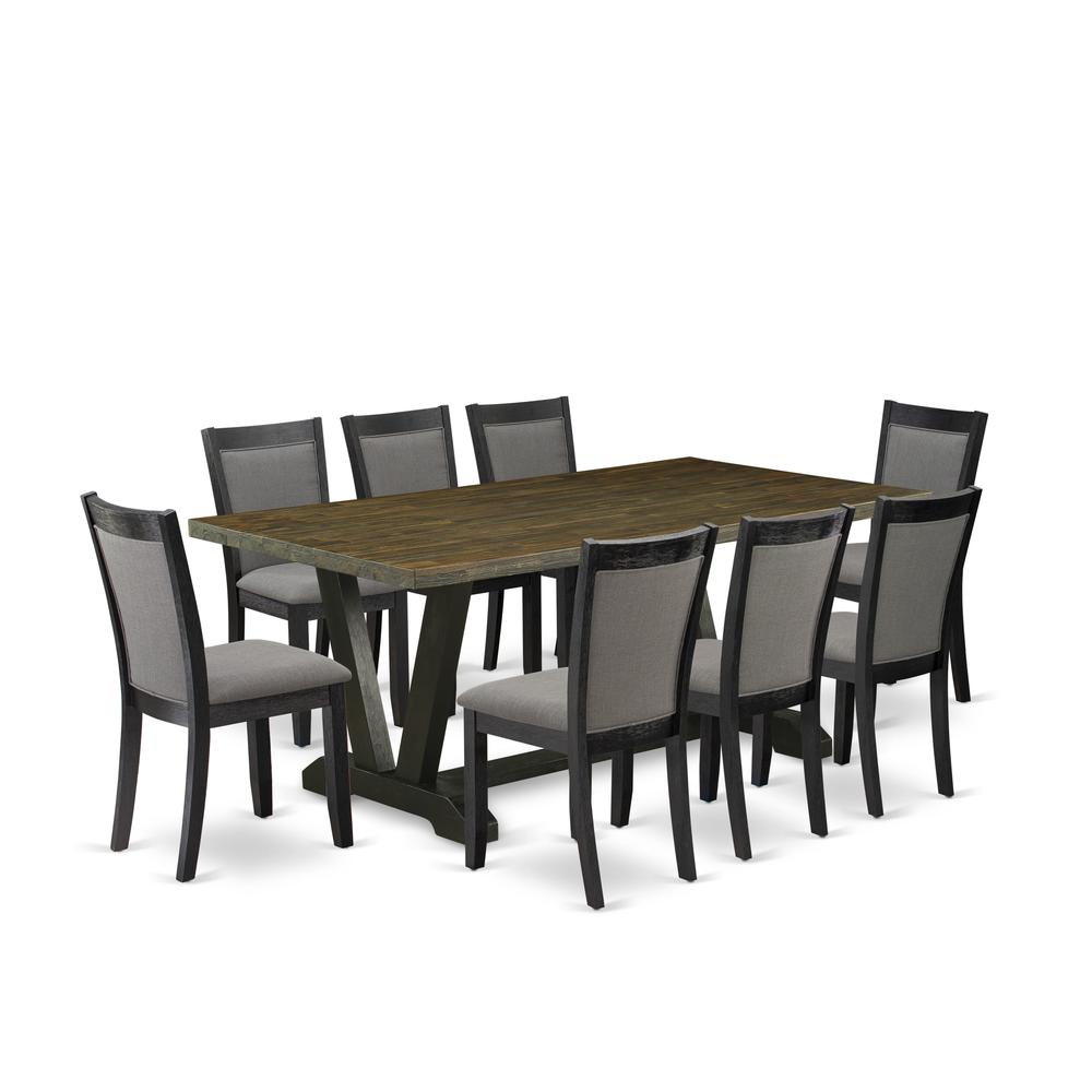 East West Furniture 9 Piece Table Set - Distressed Jacobean Top Wood Table with Trestle Base and 8 Dark Gotham Grey Linen Fabric Parson Chairs - Wire Brushed Black Finish. Picture 2