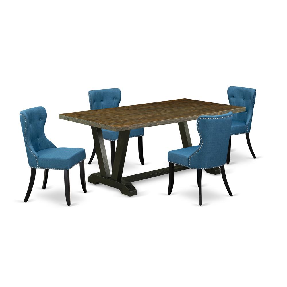 East West Furniture V677SI121-5 5-Pc Dining Room Table Set- 4 Dining Chairs with Blue Linen Fabric Seat and Button Tufted Chair Back - Rectangular Table Top & Wooden Legs - Distressed Jacobean and Bla. Picture 1