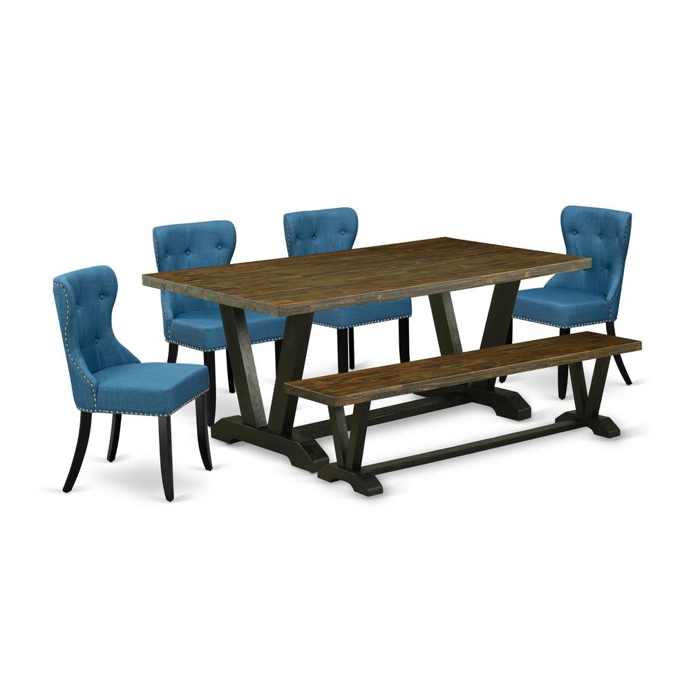 East West Furniture V677SI121-6 6-Pc Kitchen Dining Set- 4 Mid Century Dining Chairs with Blue Linen Fabric Seat and Button Tufted Chair Back - Rectangular Top & Wooden Legs Wood Kitchen table and din. Picture 1