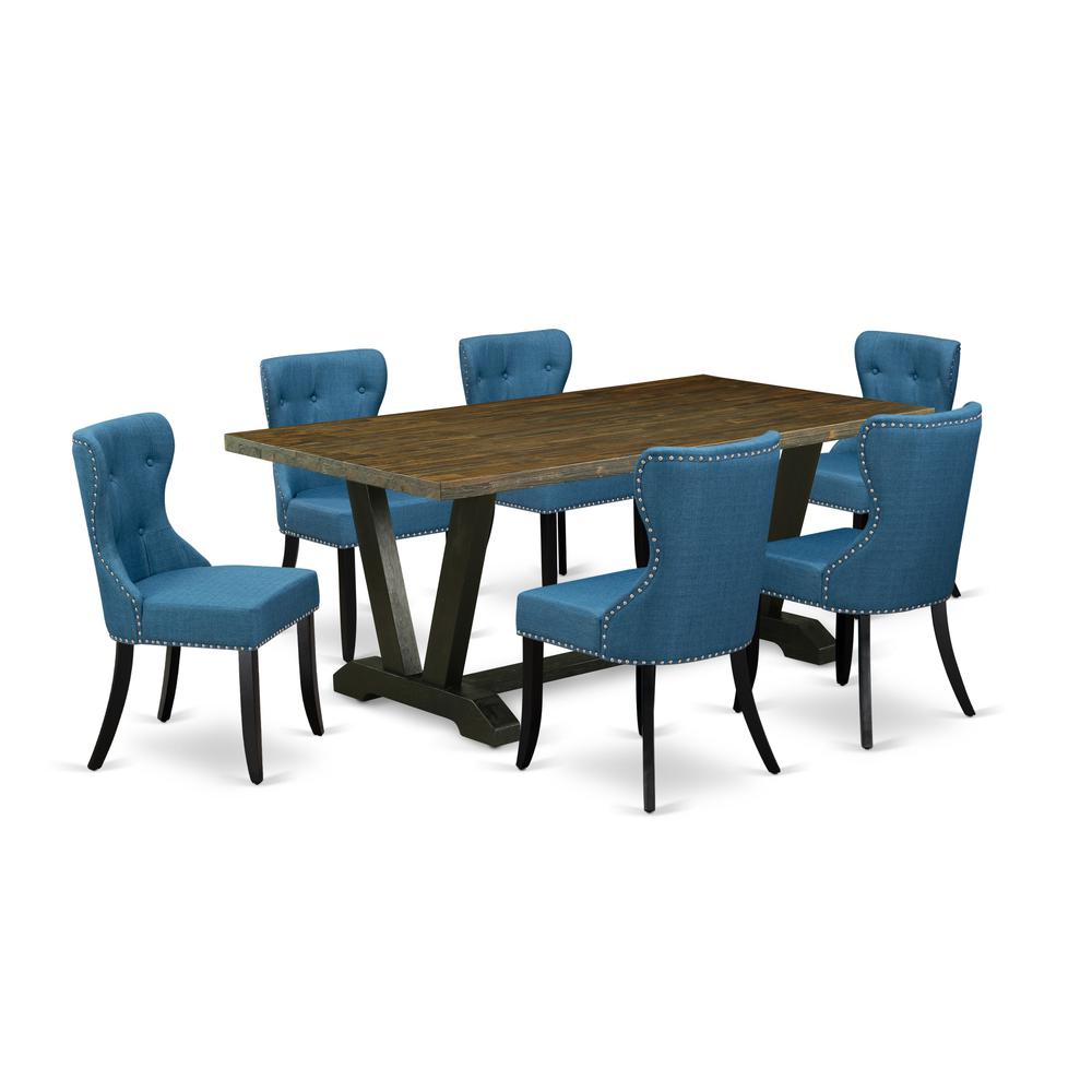 East West Furniture V677SI121-7 7-Piece Modern Dining Table Set- 6 Dining Padded Chairs with Blue Linen Fabric Seat and Button Tufted Chair Back - Rectangular Table Top & Wooden Legs - Distressed Jaco. Picture 1