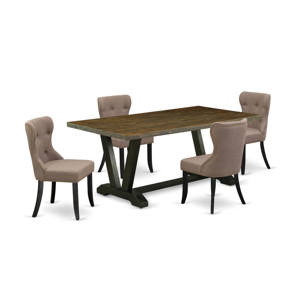 East West Furniture V677SI648-5 5-Pc Dining Room Table Set- 4 Upholstered Dining Chairs with Coffee Linen Fabric Seat and Button Tufted Chair Back - Rectangular Table Top & Wooden Legs - Distressed Ja. Picture 1