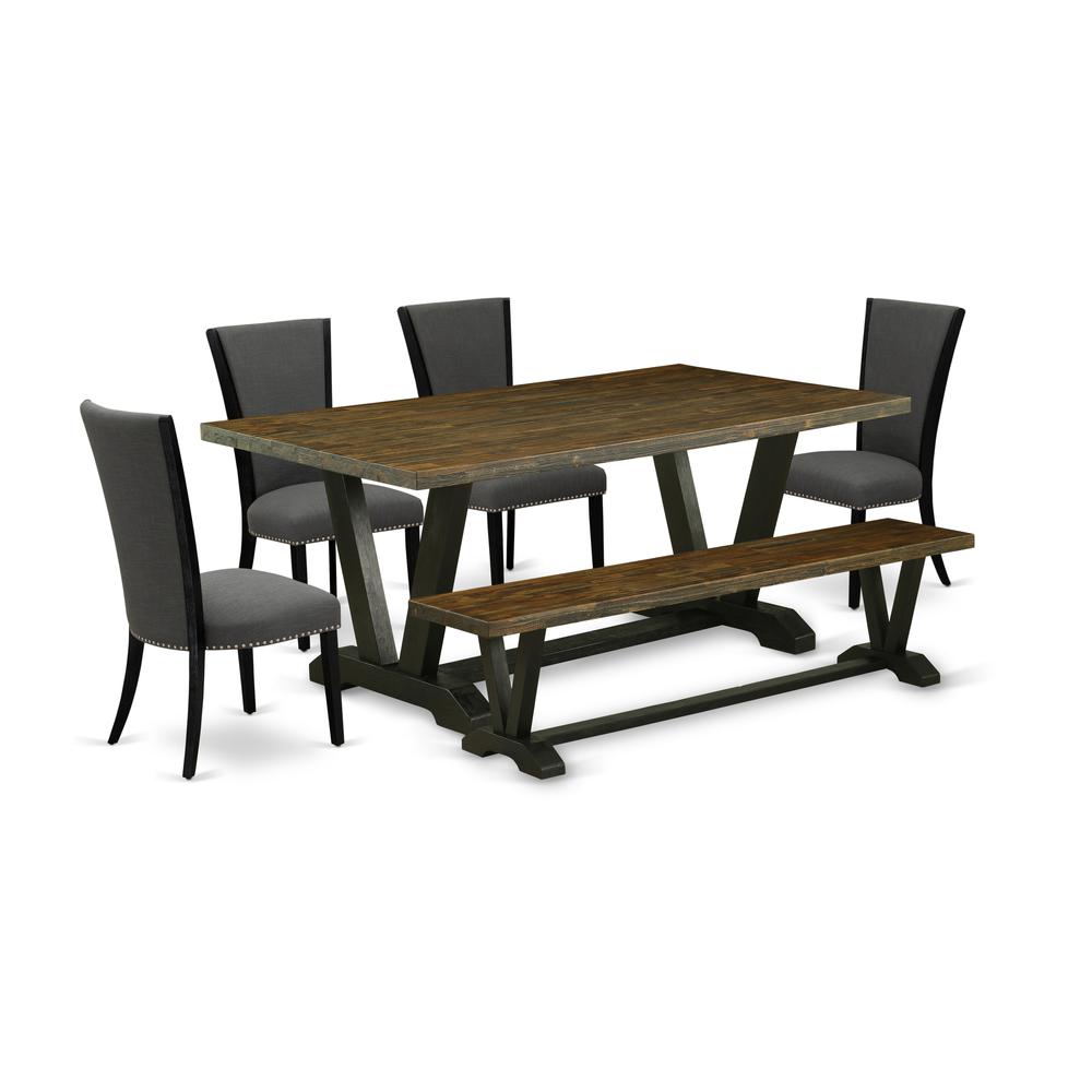 East West Furniture V677VE650-6 6 Piece Kitchen Table Set - 4 Dark Gotham Grey Linen Fabric Comfortable Chair with Nailheads and Distressed Jacobean Kitchen Table - 1 Dining Bench - Black Finish. Picture 1