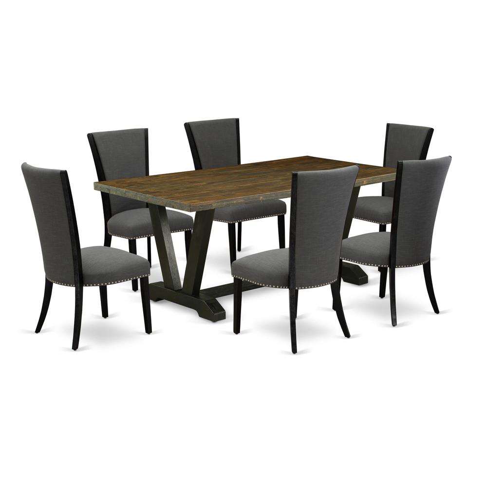 East West Furniture 7 Piece Dining Set Contains a Distressed Jacobean Dining Room Table and 6 Dark Gotham Grey Linen Fabric Parsons Chairs with High Back - Wire Brushed Black Finish. Picture 2
