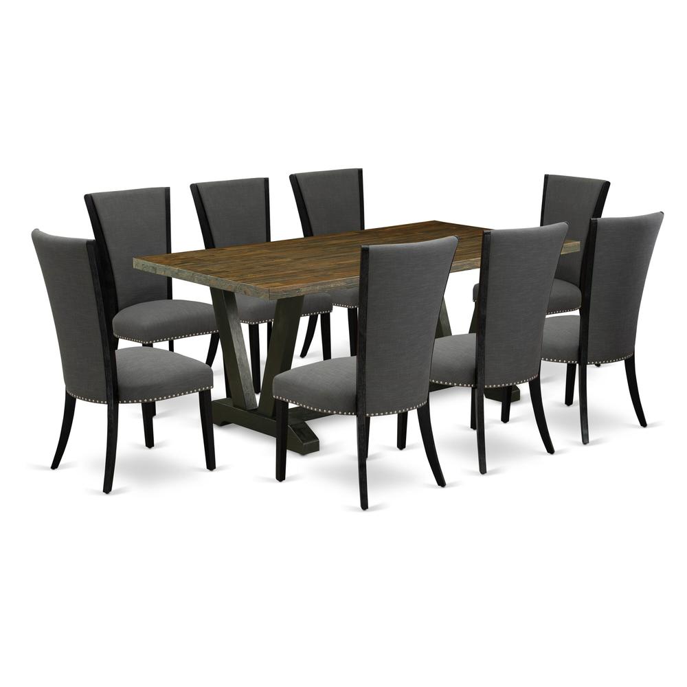 East West Furniture 9 Pc Kitchen Table Set Contains a Distressed Jacobean Dining Table and 8 Dark Gotham Grey Linen Fabric Dining Chairs with High Back - Wire Brushed Black Finish. Picture 2