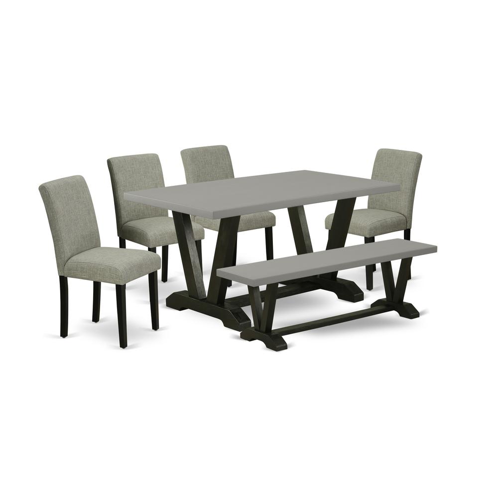 East West Furniture V696AB106-6 6-Pc Kitchen Table Set - 4 Parson Chairs, a Wooden Bench Cement Top and 1 Modern Cement Dining Table Top with High Chair Back - Wire Brushed Black Finish. Picture 1