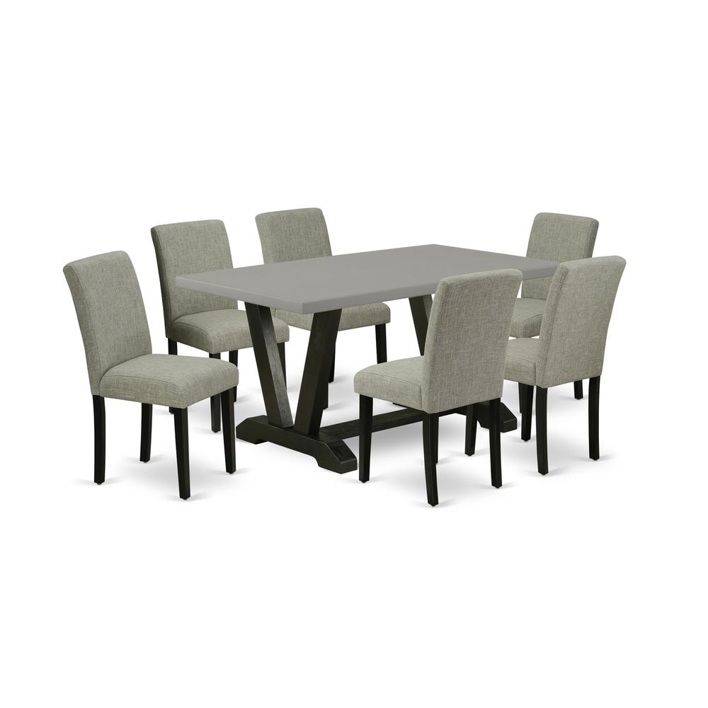 East West Furniture V696AB106-7 7-Pc Modern Dining Table Set - 6 Dining Padded Chairs and 1 Modern Rectangular Cement Breakfast Table with High Chair Back - Wire Brushed Black Finish. Picture 1