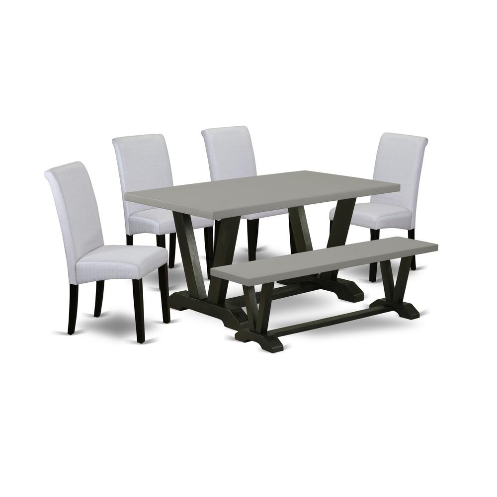 East West Furniture 6 Piece Dining Room Table Set Includes a Cement Dining Table and a Dining Room Bench, 4 Grey Linen Fabric Parsons Chairs with High Back - Wire Brushed Black Finish. Picture 2