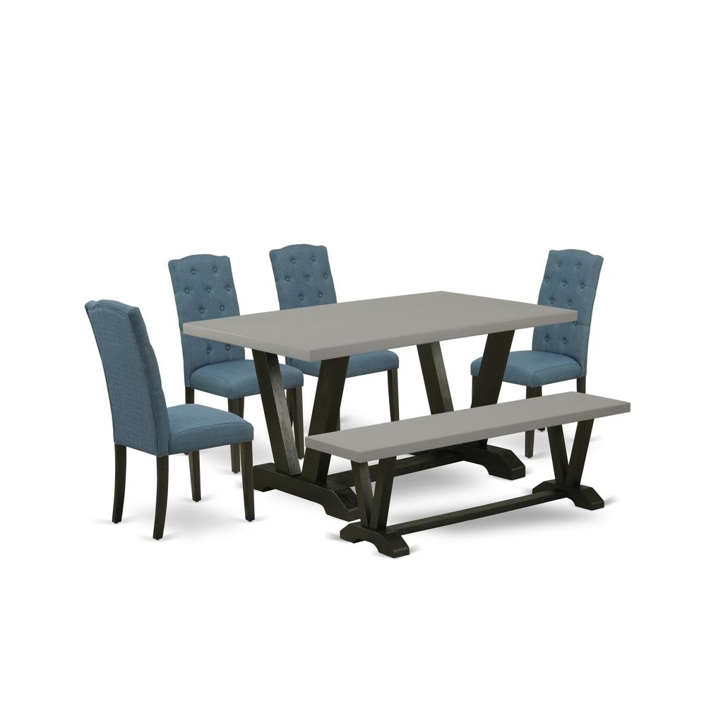 East West Furniture 6 Pc Table Set Consists of a Cement Kitchen Table and a Dining Room Bench, 4 Blue Linen Fabric Modern Dining Chairs with Button Tufted Back - Wire Brushed Black Finish. Picture 2