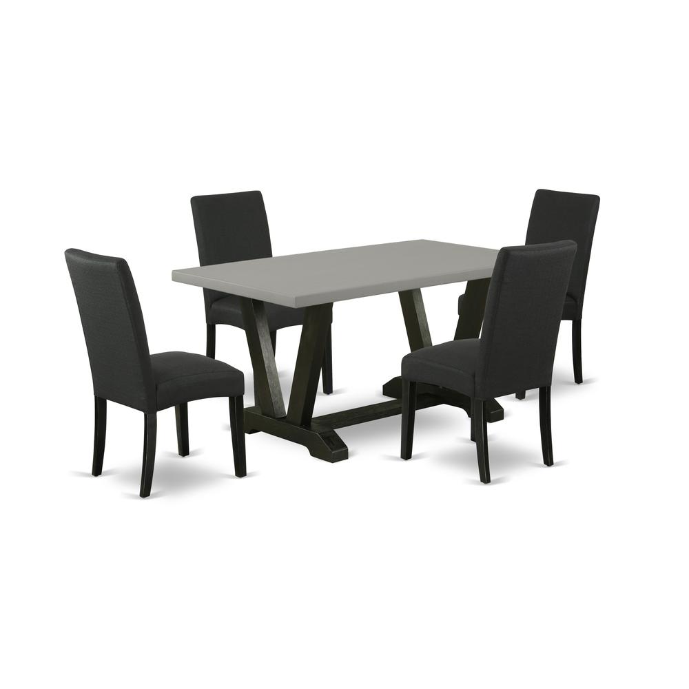 East West Furniture 5-Pc Kitchen Dining Set- 4 Parson Dining Chairs with Black Linen Fabric Seat and Stylish Chair Back - Rectangular Table Top & Wooden Legs - Cement and Black Finish. Picture 1