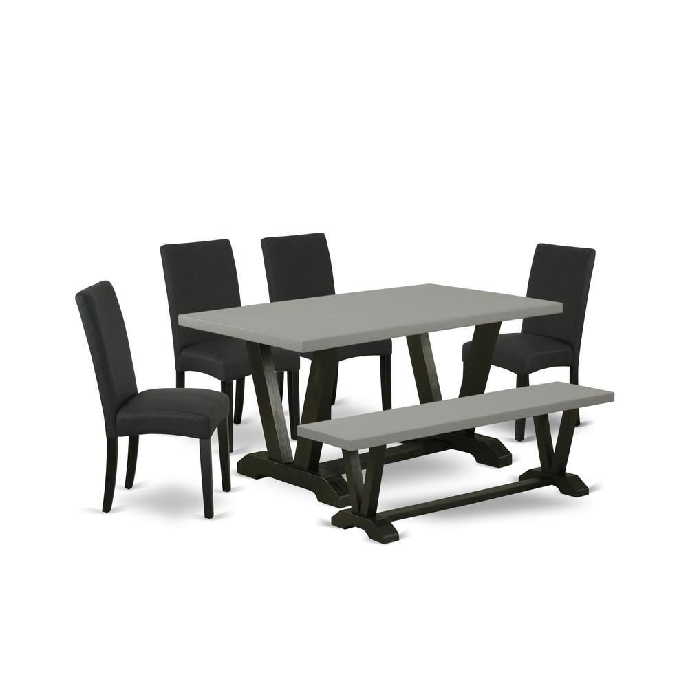 East West Furniture 6-Pc Modern Dining Set- 4 Dining Padded Chairs with Black Linen Fabric Seat and Stylish Chair Back - Rectangular Top & Wooden Legs Dining Table and Kitchen Bench - Cement and Black. Picture 1