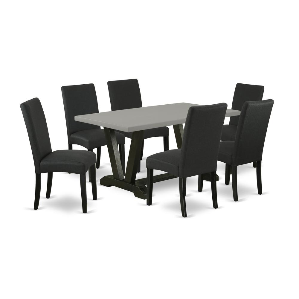 East West Furniture 7-Pc Dining Room Set- 6 Dining Room Chairs with Black Linen Fabric Seat and Stylish Chair Back - Rectangular Table Top & Wooden Legs - Cement and Black Finish. Picture 1