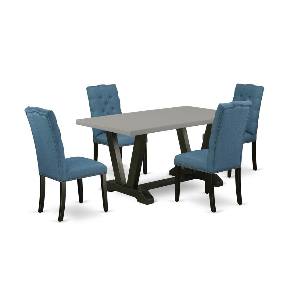 East West Furniture 5-Piece Modern an Excellent Cement Color Dining Table Top and 4 Awesome Linen Fabric Parson Chairs with Nail Heads and Button Tufted Chair Back, Wire Brushed Black Finish. Picture 1