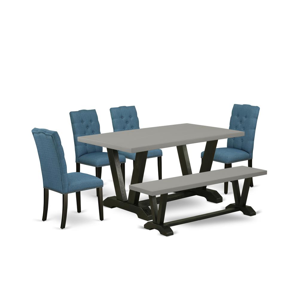 East West Furniture 6-Piece Amazing Dinette Set an Outstanding Cement Color Wood Dining Table Top and Cement Color Bench and 4 Excellent Linen Fabric Kitchen Chairs with Nail Heads and Button Tufted C. Picture 1