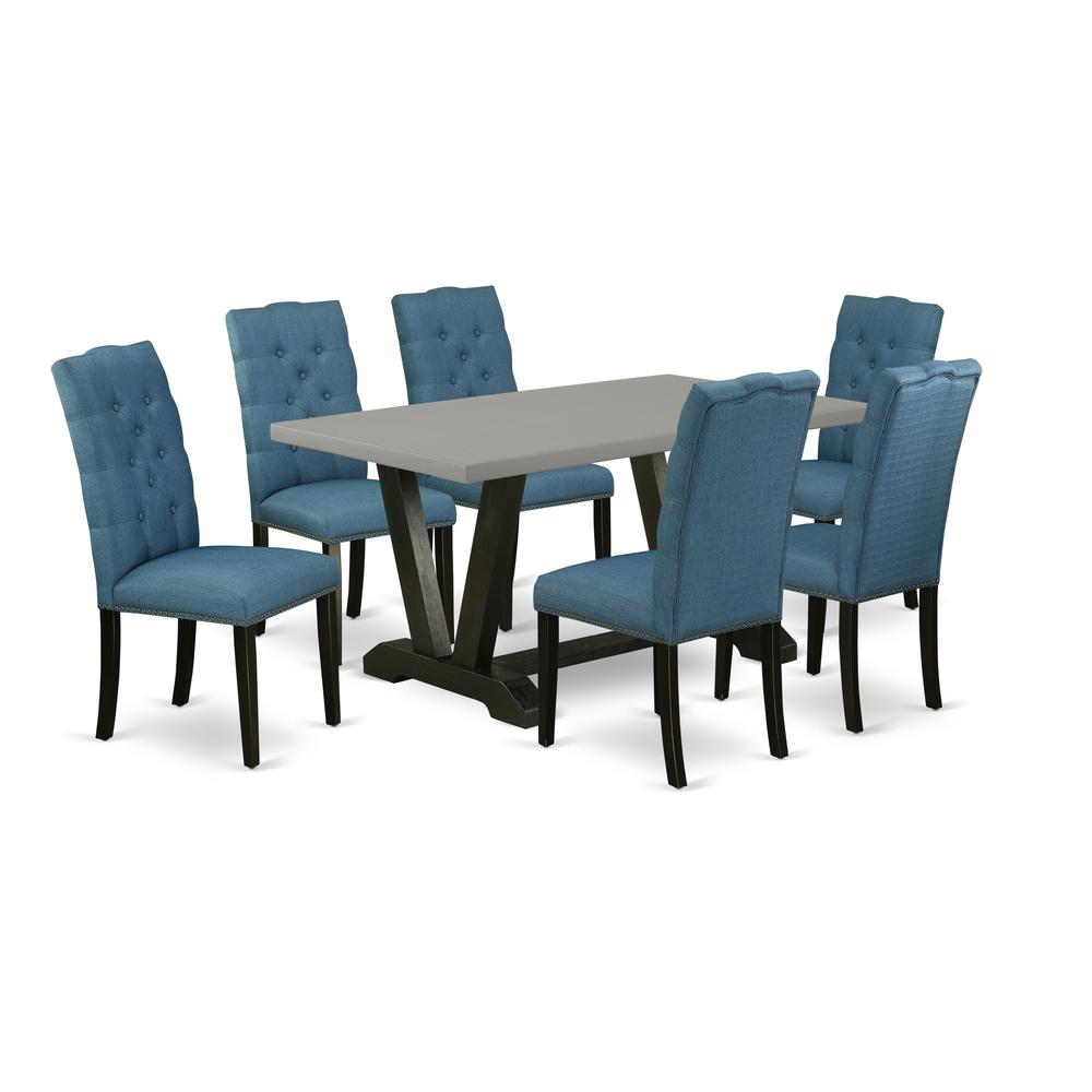 East West Furniture 7-Piece Beautiful Rectangular Dining Room Table Set a Great Cement Color Modern Dining Table Top and 6 Beautiful Linen Fabric Parson Dining Room Chairs with Nail Heads and Button T. Picture 1