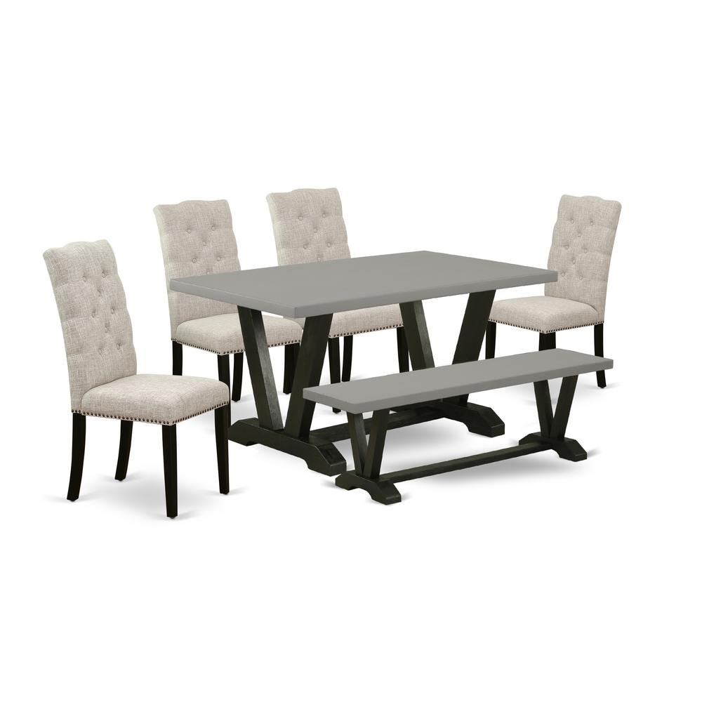 East West Furniture 6-Pc Dining Set-Doeskin Linen Fabric Seat and Button Tufted Chair Back Parson chairs, A Rectangular Bench and Rectangular Top Dining room Table with Hardwood Legs - Cement and Wire. Picture 1