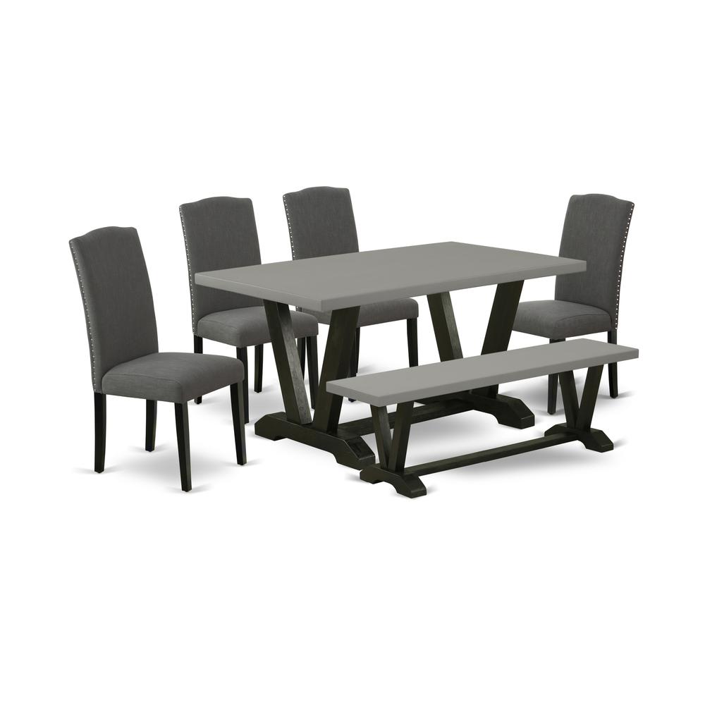East West Furniture V696EN120-6 6-Pc Dinette Set - 4 Kitchen Chairs, a Dining Bench Cement Top and 1 Cement Kitchen Dining Table Top with High Stylish Chair Back - Wire Brushed Black Finish. Picture 1