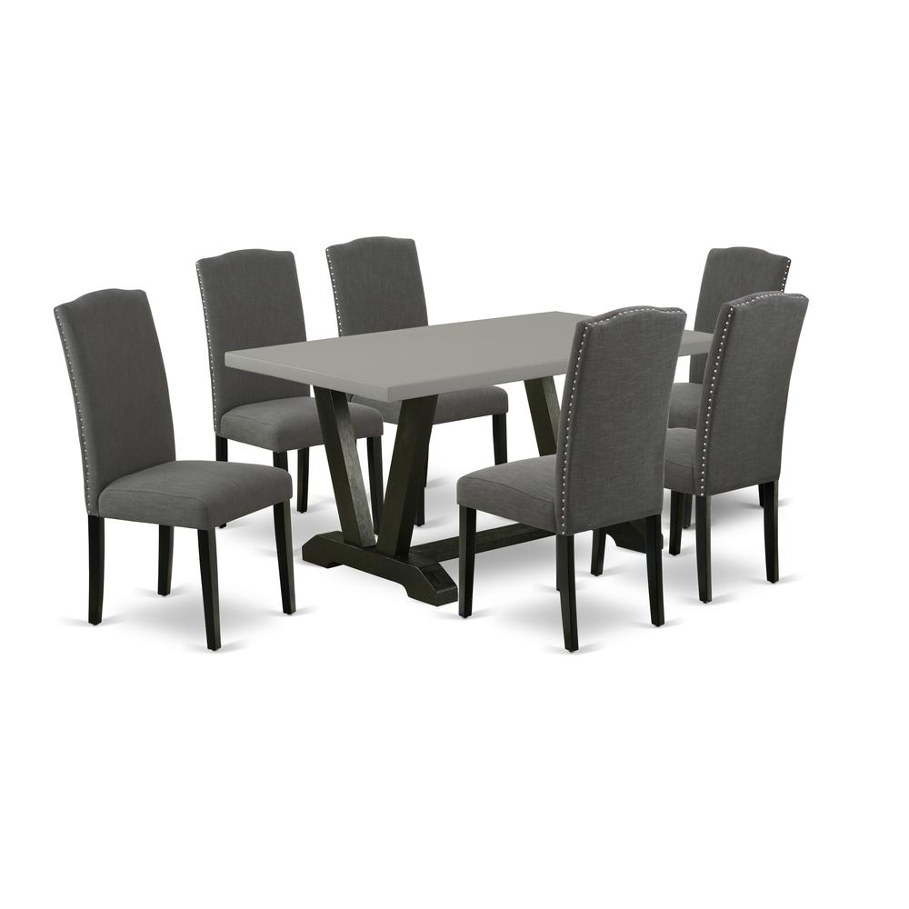East West Furniture V696EN120-7 7-Pc Dining Room Set - 6 Dining Room Chairs and 1 Modern Rectangular Cement Dining Room Table with High Stylish Chair Back - Wire Brushed Black Finish. Picture 1