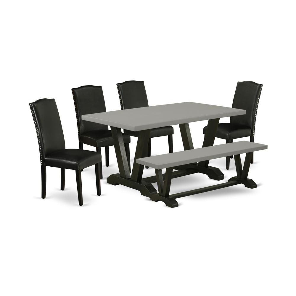 East West Furniture V696EN169-6 6-Pc Dining Table Set - 4 Parson Chairs, a Dining Bench Cement Top and 1 Cement Dining Table Top with High Stylish Chair Back - Wire Brushed Black Finish. The main picture.