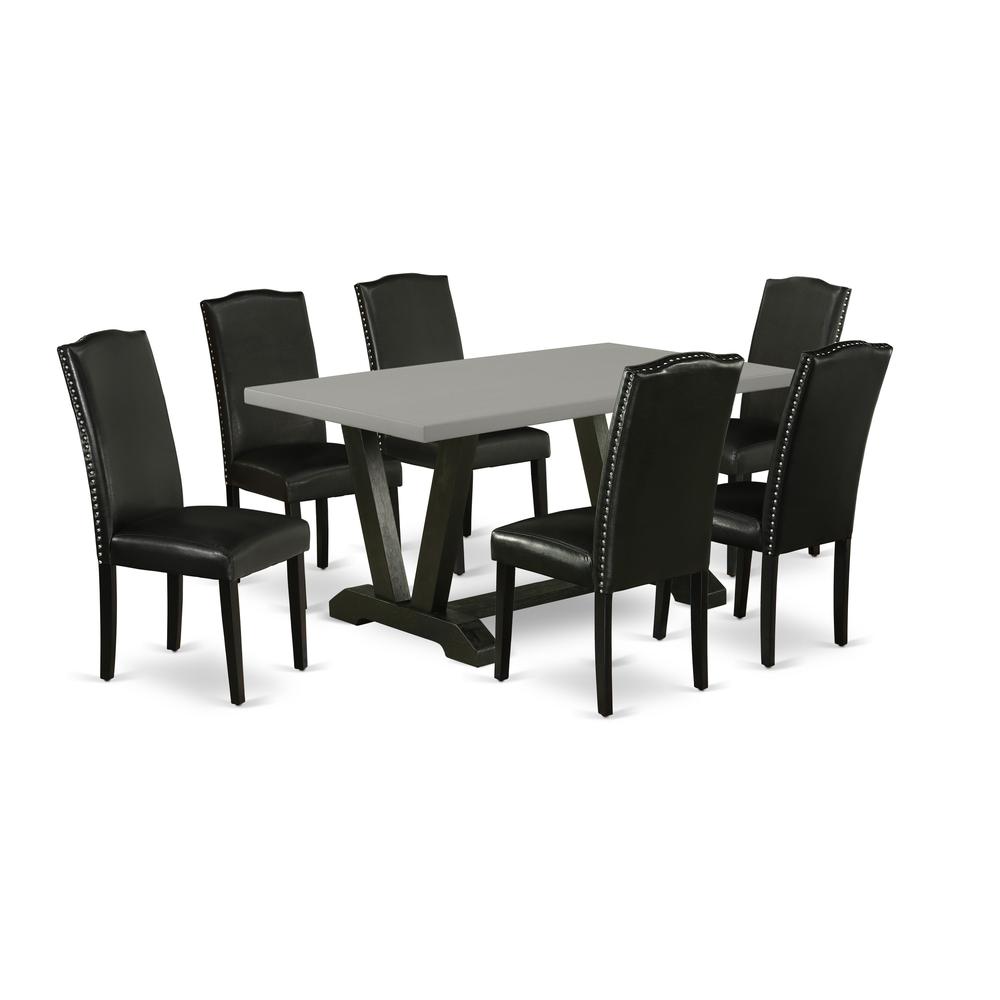 East West Furniture V696EN169-7 7-Pc Dining Room Table Set - 6 Dining Chairs and 1 Modern Rectangular Cement Dining Table with High Stylish Chair Back - Wire Brushed Black Finish. Picture 1