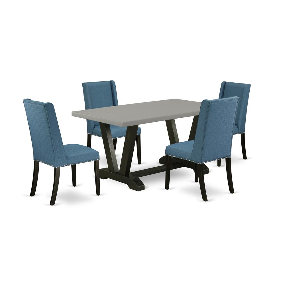 East West Furniture 5-Piece Modern Dinette Set an Excellent Cement Color Dining Room Table Top and 4 Stunning Linen Fabric Kitchen Chairs with Nail Heads and Stylish Chair Back, Wire Brushed Black Fin. Picture 1