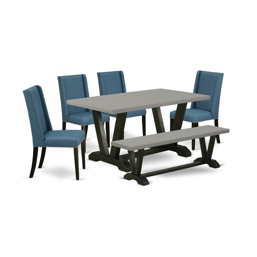 East West Furniture 6-Piece Beautiful Modern Dining Table Set an Excellent Cement Color Dining Table Top and Cement Color Indoor Bench and 4 Beautiful Linen Fabric Kitchen Chairs with Nail Heads and S. Picture 1