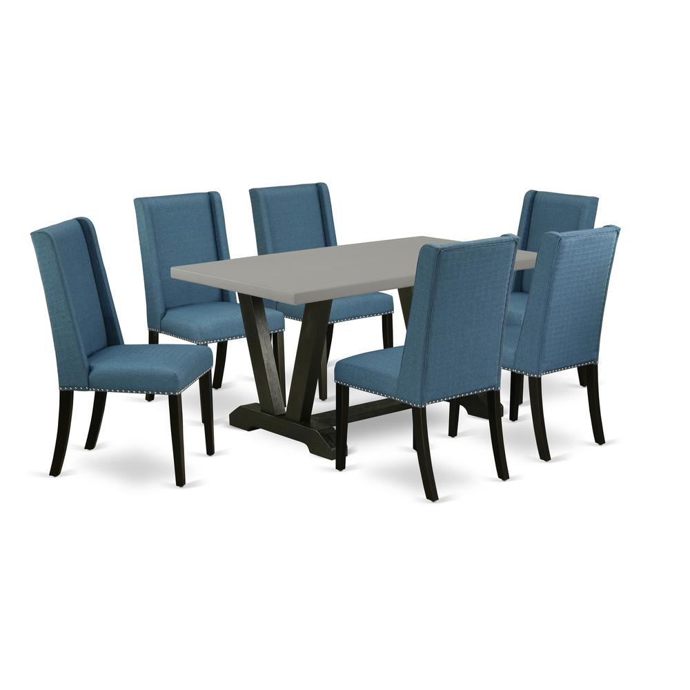 East West Furniture 7-Piece Beautiful Modern Dining Table Set a Good Cement Color Wood Dining Table Top and 6 Gorgeous Linen Fabric Dining Chairs with Nail Heads and Stylish Chair Back, Wire Brushed B. Picture 1