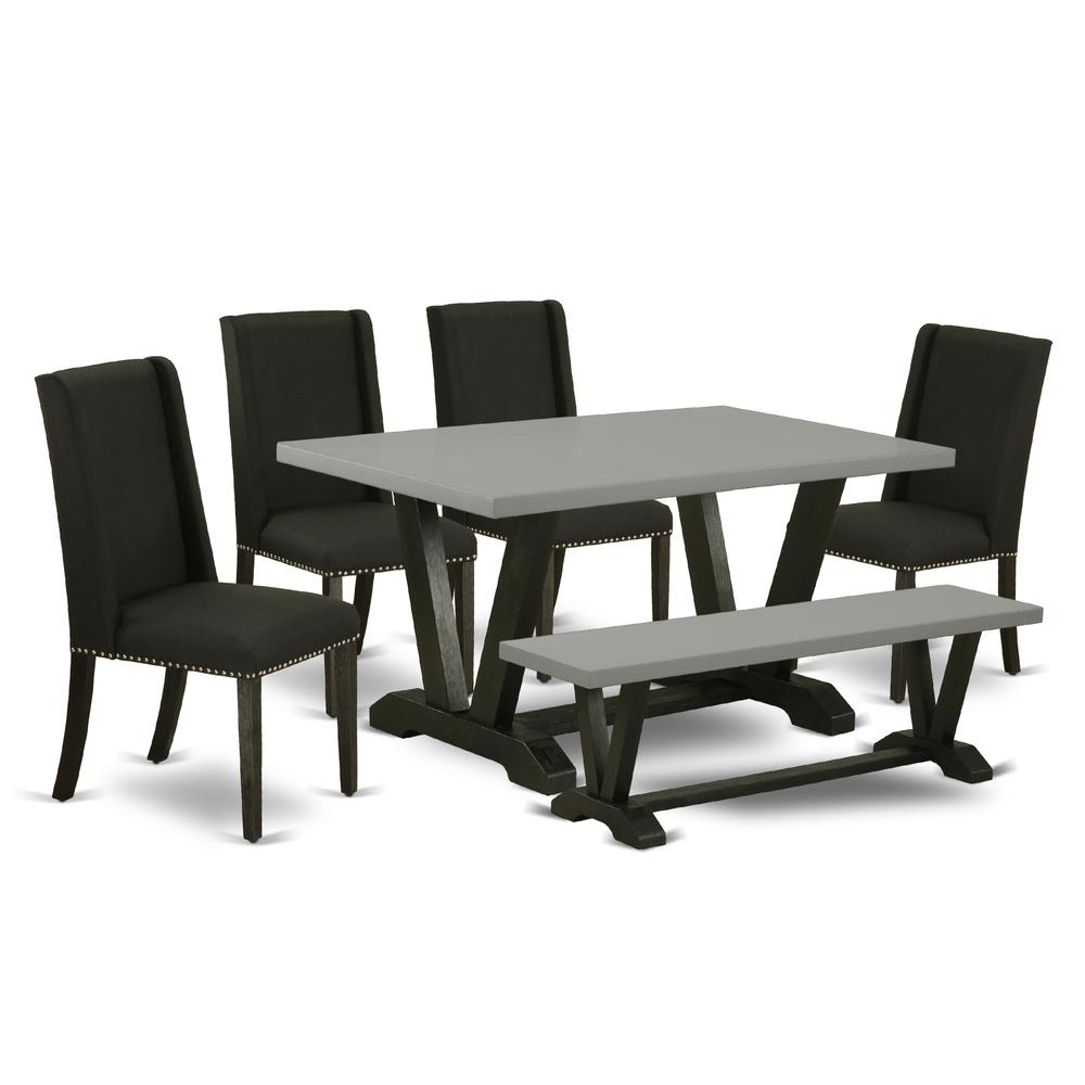 East West Furniture 6-Pc Dinette Table Set-Black Linen Fabric Seat and Button Tufted Chair Back Upholstered Dining chairs, A Rectangular Bench and Rectangular Top Wood Kitchen Table with Wood Legs - C. Picture 1