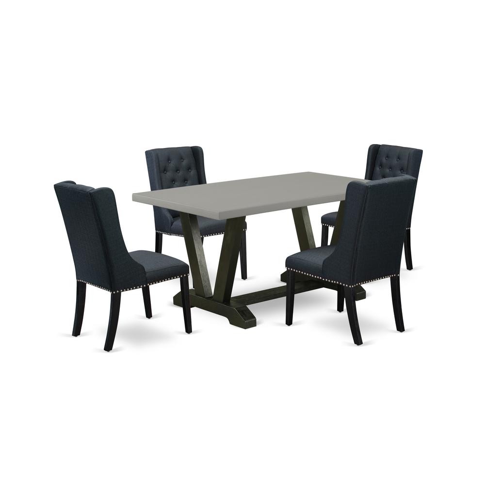 East West Furniture V696FO624-5 5 Piece Dining Room Set Consists of 4 Black Linen Fabric Padded Chair Button Tufted with Nailheads and Cement Dining Table - Wire Brush Black Finish. Picture 1