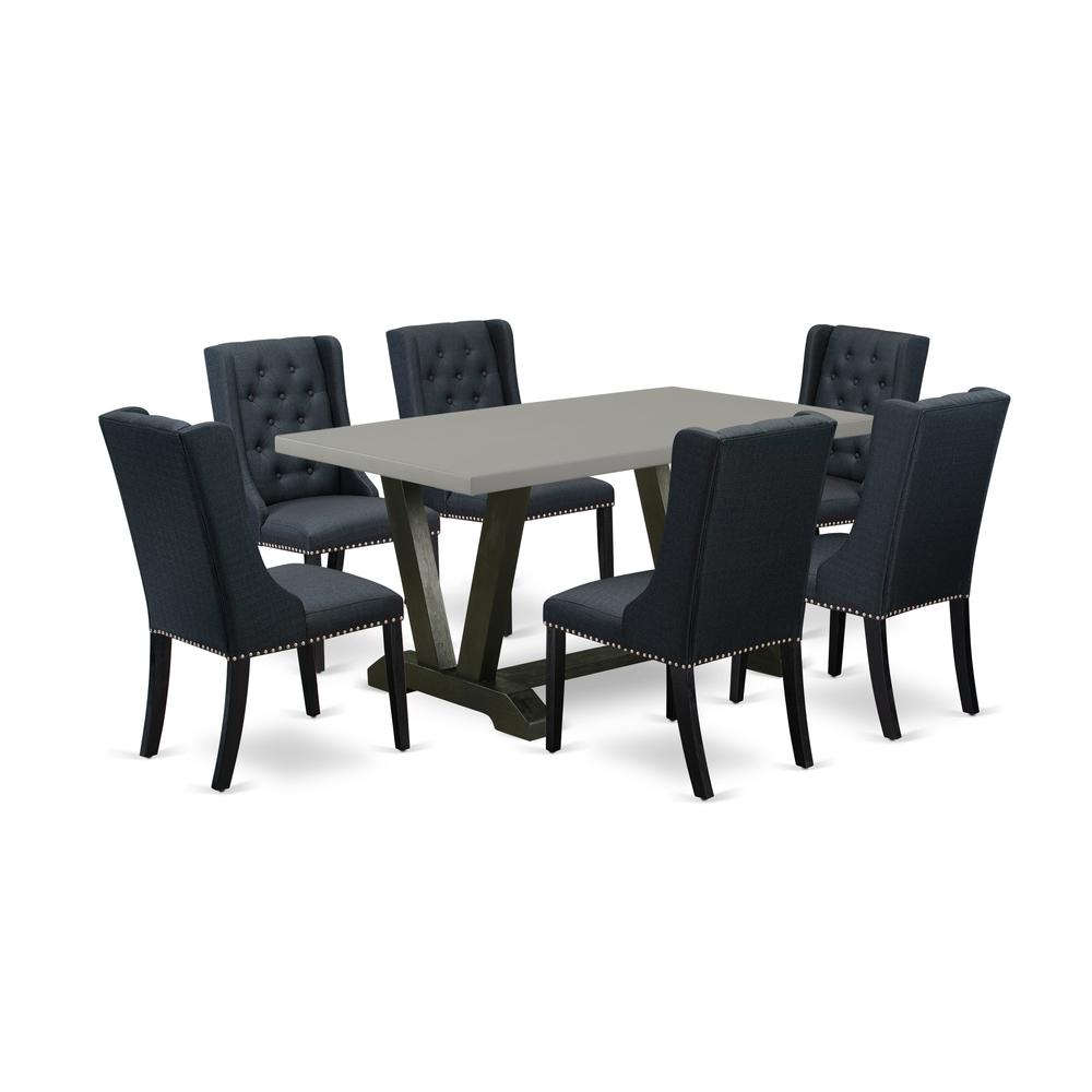 East West Furniture V696FO624-7 7 Piece Dining Room Set - 6 Black Linen Fabric Dining Room Chairs Button Tufted with Nail heads and Cement Dining Room Table - Wire Brush Black Finish. Picture 1