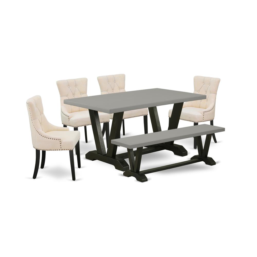 East West Furniture V696FR102-6 6-Pc Modern Dining Set - 4 Parson Chairs, a Bench Cement Top and 1 Modern Cement Dining Table Top with Button Tufted Chair Back - Wire Brushed Black Finish. Picture 1