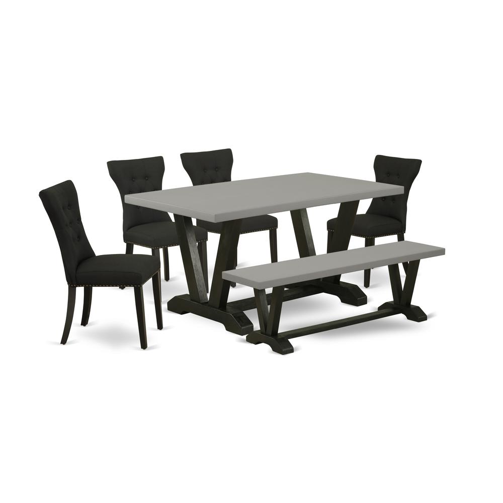East West Furniture 6 Pc Dining Room Set Contains a Cement Rectangular Table and a Modern Bench, 4 Black Linen Fabric Dining Chairs with Button Tufted Back - Wire Brushed Black Finish. Picture 2