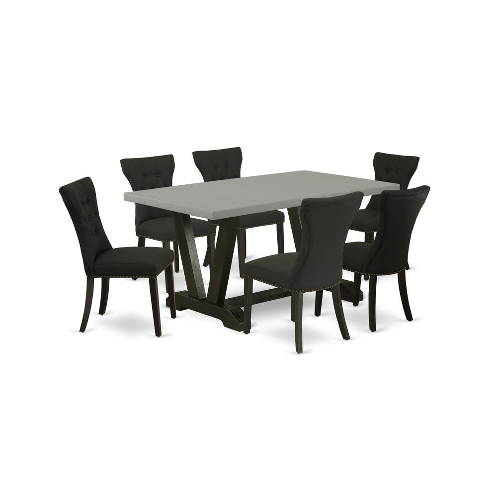 East West Furniture 7 Piece Dining Room Table Set Consists of a Cement Wood Dining Table and 6 Black Linen Fabric Modern Dining Chairs with Button Tufted Back - Wire Brushed Black Finish. Picture 2