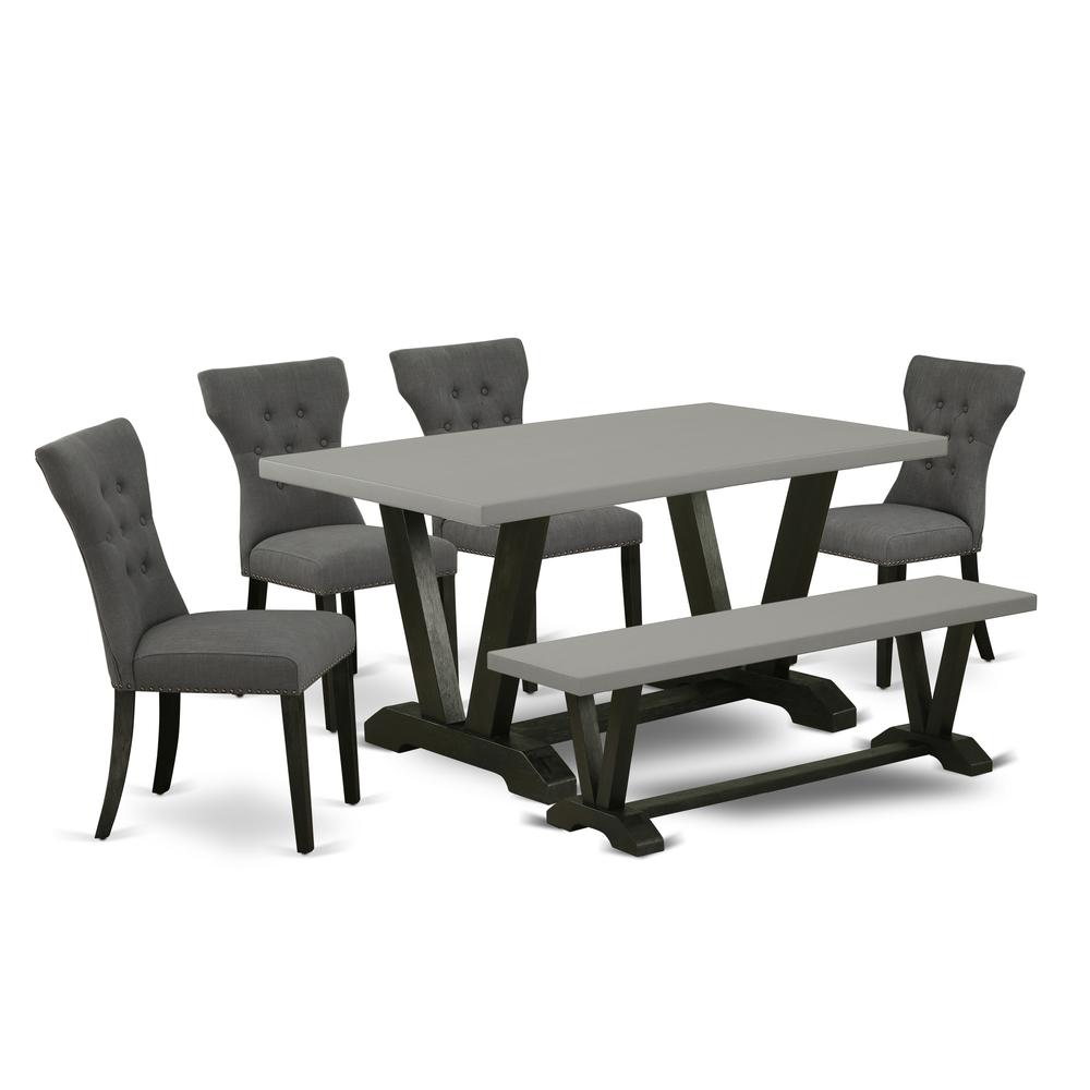 East West Furniture 6-Pc kitchen table set-Dark Gotham Grey Linen Fabric Seat and Button Tufted Chair Back Parson Dining chairs, A Rectangular Bench and Rectangular Top Dining room Table with Wood Leg. Picture 1