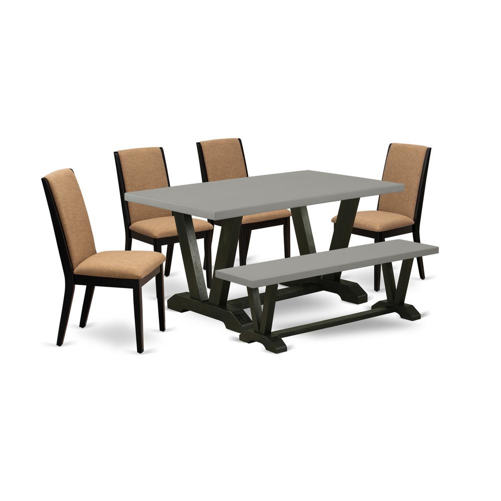 East West Furniture V696LA147-6 6-Piece Beautiful Rectangular Dining Room Table Set a Superb Cement Color dining table Top and Cement Color Wood Bench and 4 Wonderful Linen Fabric Parson Dining Room C. Picture 1