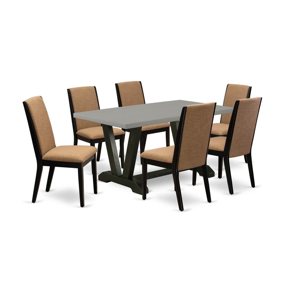 East West Furniture V696LA147-7 7-Piece Amazing Dining Room Table Set an Excellent Cement Color Wood Table Top and 6 Gorgeous Linen Fabric Dining Room Chairs with Stylish Chair Back, Wire Brushed Blac. Picture 1