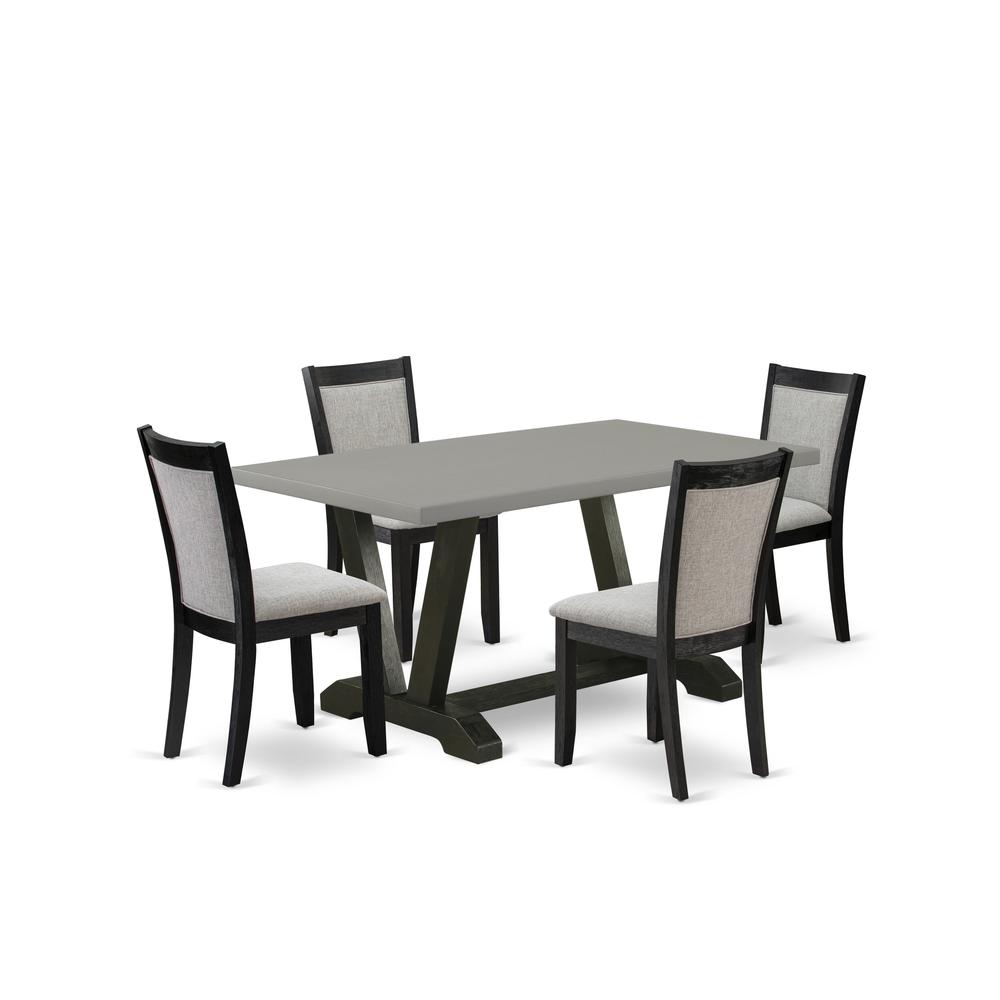 East West Furniture 5 Piece Dining Table Set - A Cement Top Modern Dining Table with Trestle Base and 4 Shitake Linen Fabric Dining Chairs - Wire Brushed Black Finish. Picture 2