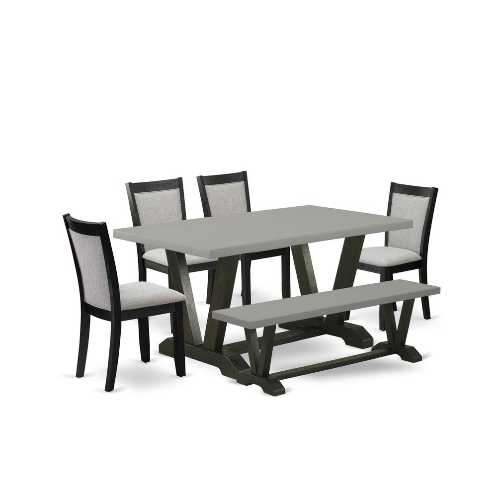 East West Furniture 6 Pc Kitchen Table Set - A Cement Top Dining Room Table with Wooden Bench and 4 Shitake Linen Fabric Upholstered Parson Chairs - Wire Brushed Black Finish. Picture 2