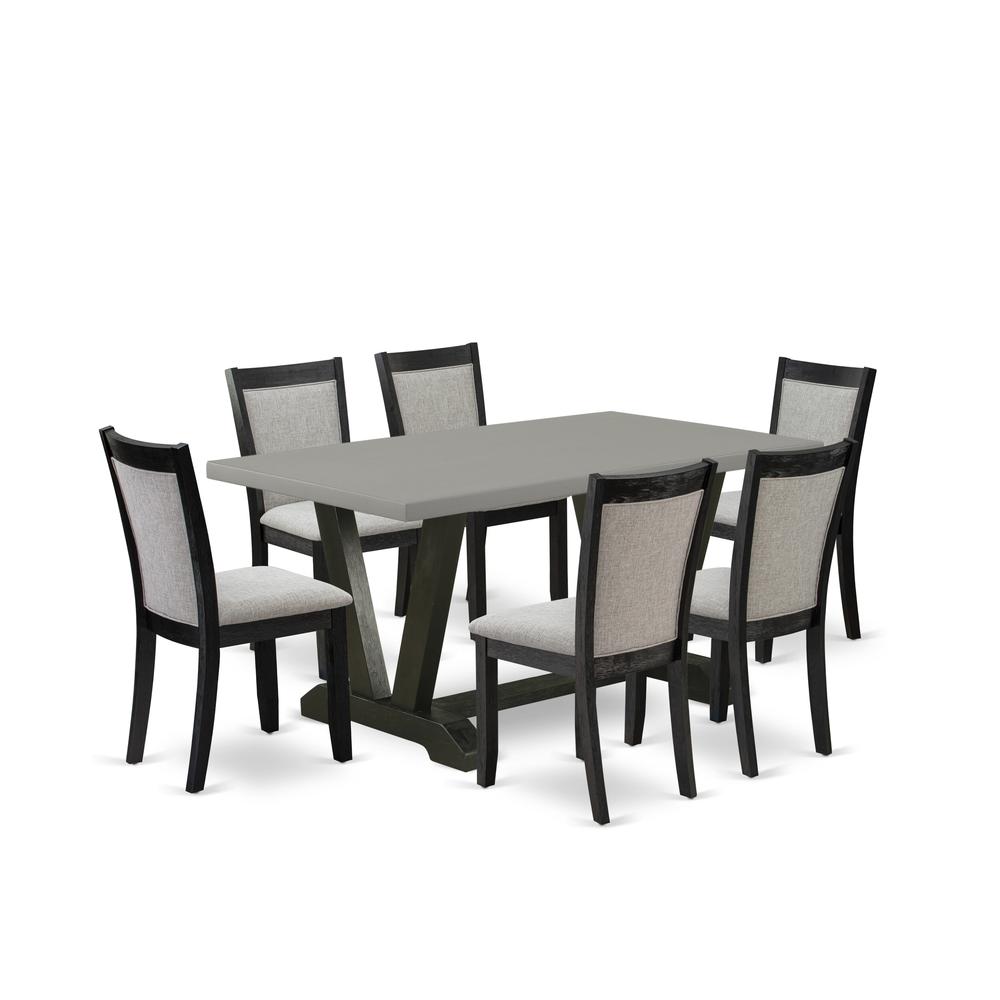 East West Furniture 7 Piece Kitchen Dining Table Set - A Cement Top Modern Dining Table with Trestle Base and 6 Shitake Linen Fabric Upholstered Dining Chairs - Wire Brushed Black Finish. Picture 2