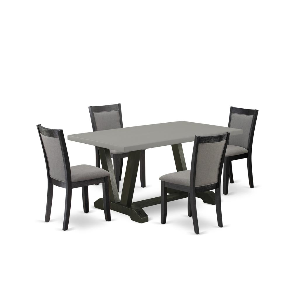 East West Furniture 5 Piece Kitchen Dining Table Set - A Cement Top Wood Dining Table with Trestle Base and 4 Dark Gotham Grey Linen Fabric Parson Chairs - Wire Brushed Black Finish. Picture 2
