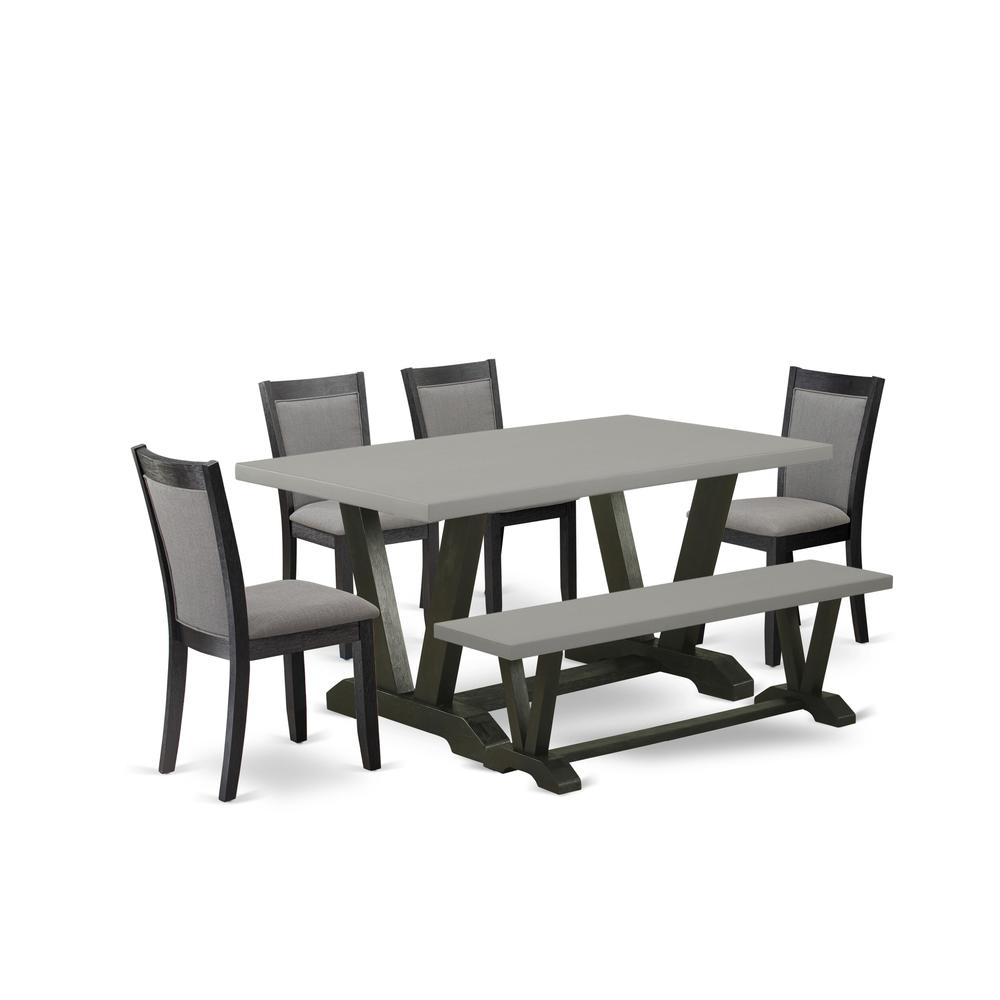 East West Furniture 6 Piece Dinner Table Set - A Cement Top Wooden Dining Table with a Small Bench and 4 Dark Gotham Grey Linen Fabric Upholstered Kitchen Chairs - Wire Brushed Black Finish. Picture 2